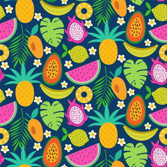 Colorful tasty Tropical fruits seamless pattern on dark blue background with pineapple, banana, dragon fruit, papaya, lemon and tropical leaves