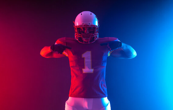 American football player banner with neon lights. Template for bookmaker ads with copy space. Mockup for betting advertisement. Sports betting, football betting, gambling, bookmaker, big win