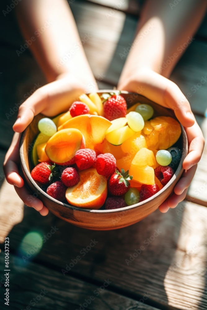 Wall mural A person holding a bowl of fruit on a table. Generative AI image.