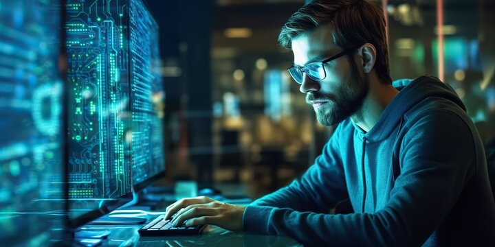 Handsome and candid male programmer completely immersed in his work, demonstrating dedication and expertise in the world of programming. Generative AI