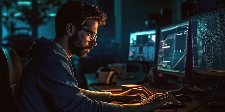 Handsome and candid male programmer completely immersed in his work, demonstrating dedication and expertise in the world of programming. Generative AI