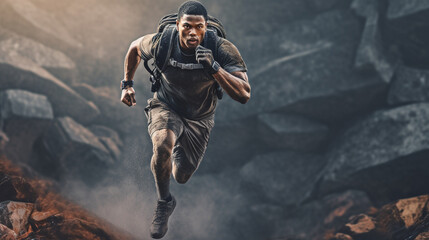 A dynamic shot of a determined runner sprinting along a rugged trail, showcasing his strength and agility as he conquers challenging terrain Generative AI