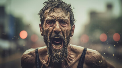 A powerful shot of a marathon runner pushing his limits, sweat glistening on his face, as he embodies the spirit of endurance and perseverance Generative AI - obrazy, fototapety, plakaty