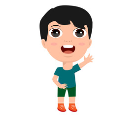 little girl boy rejoice hello welcome goodbye raise hands greet education kindergarten primary school concept