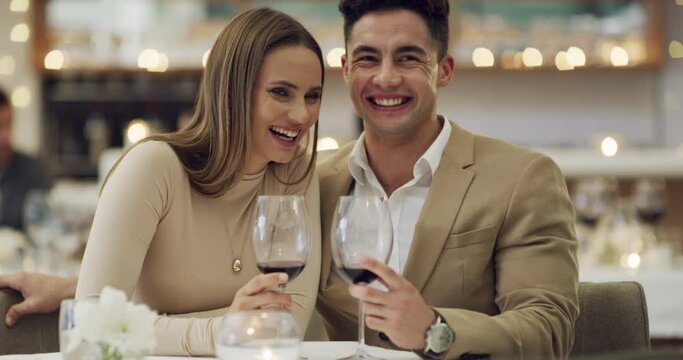 Funny joke, portrait or happy couple in restaurant in celebration of marriage anniversary at dinner at night. Smile, romantic man or lovely woman fine dining, laughing or bonding on fancy wine date