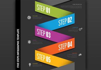 Five color stripe folded paper steps process infographic on dark background