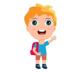 little girl boy schoolboy schoolgirl backpacker rejoices laughing greetings hello goodbye sign education primary school kindergarten concept