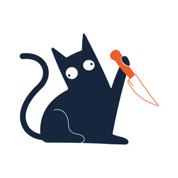 Black cute killer cat with knife, along with cute crazy cat knife