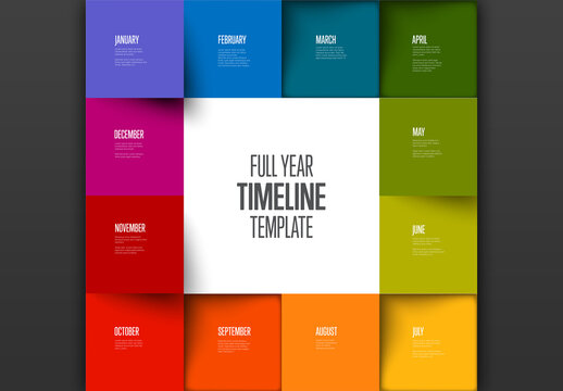 Full year timeline template with 12 month in rainbow square