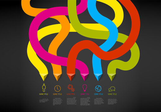 Simple dark infographic with six items and solid stripes with arrows