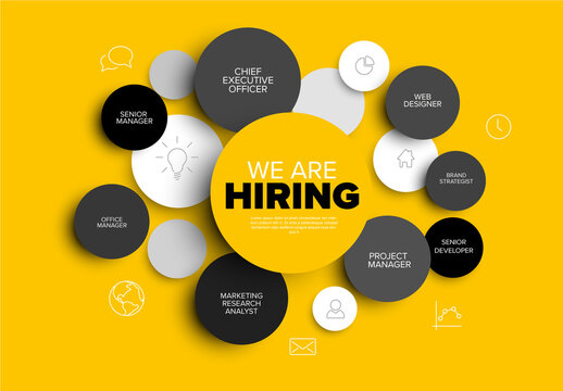 We are hiring minimalistic yellow flyer template with circles containing position names