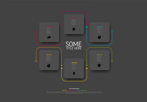 Dark infographic template with six rounded gray squares block cards
