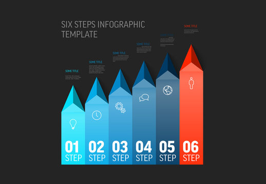 Simple dark infographic with title and six steps on solid stripes with blue and red arrows