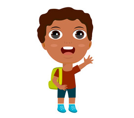 little girl boy schoolboy schoolgirl backpacker rejoices laughing greetings hello goodbye sign education primary school kindergarten concept