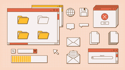 15 retro ui elements. Retro vintage old computer Interface in modern nostlagia style. Old retro PC screen in the y2k style. Retro wave and vaporwave elements. 