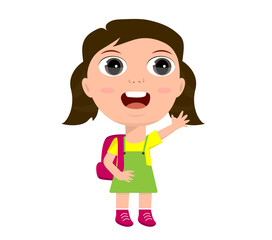 little girl boy schoolboy schoolgirl backpacker rejoices laughing greetings hello goodbye sign education primary school kindergarten concept