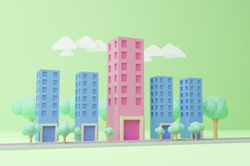 3d illustration of modern city with skyscrapers and trees.
