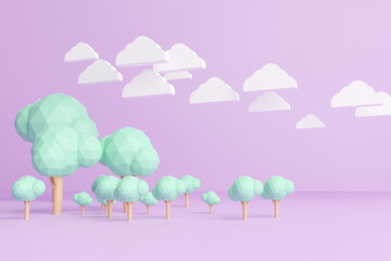 3D render of low poly trees with white clouds in the sky