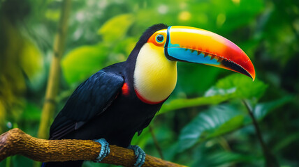 Fototapeta premium A beautiful exotic toucan bird with a large keeled beak, Ramphastos sulfuratus