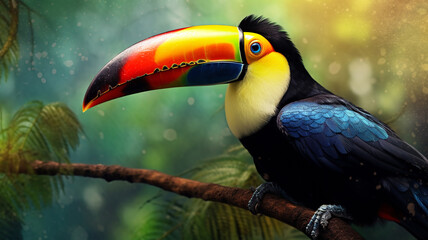 Obraz premium A beautiful exotic toucan bird with a large keeled beak, Ramphastos sulfuratus