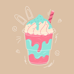 Strawberry bubble milk tea or milk cocktail. A glass of drink with a tubule. Milk tea in a plastic glass with a straw. Cool summer drink with latter and doodle elements. Trendy vector illustration
