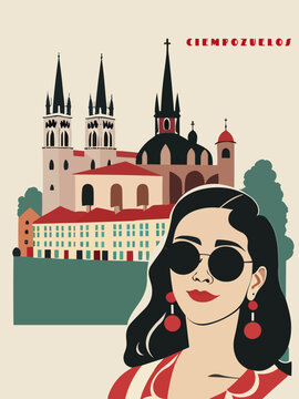 Ciempozuelos: Beautiful vintage-styled poster with a woman and the name Ciempozuelos in Madrid