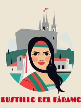 Bustillo del P&aacute;ramo: Beautiful vintage-styled poster with a woman and the name Bustillo del P&aacute;ramo in Castille-Leon