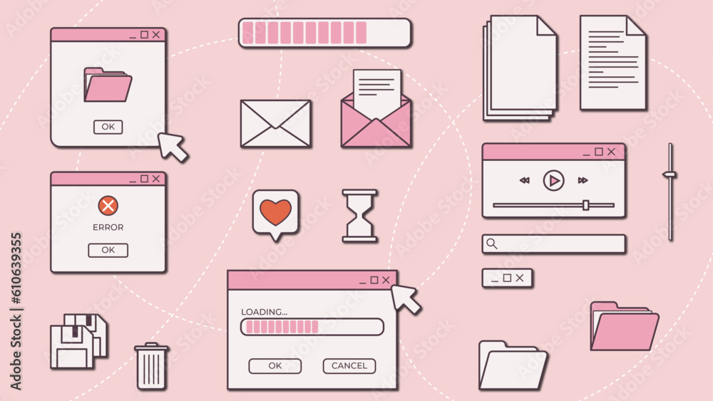 Wall mural 18 retro ui elements. old retro pc screen in the y2k style. retro wave and vaporwave elements. pink 