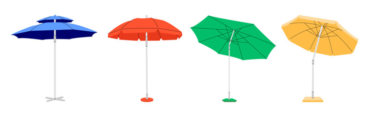 Sun protective outdoor umbrella for beach. Bright set of various beach umbrellas. large parasol for summer vacation or seaside picnic. Vector flat style cartoon illustration, all elements are isolated - obrazy, fototapety, plakaty