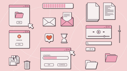 18 Retro UI elements. Old retro PC screen in the y2k style. Retro wave and vaporwave elements. Pink retro vintage computer interface. © katyaskrn