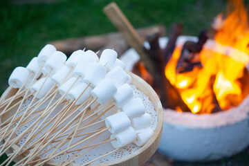 Delicious and sweet marshmallows on sticks over the fire, ready to be prepared