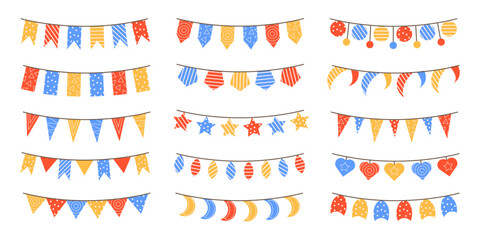 Multicolored set of bright garlands for the holidays. Colorful collection of various garlands. Design elements for the design of greeting cards, invitations. Vector stock illustration.