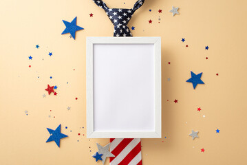 Top view of photo frame over tie featuring the pattern of the United States flag, dazzling decorations like stars and confetti, set against beige background with unoccupied space for text or picture