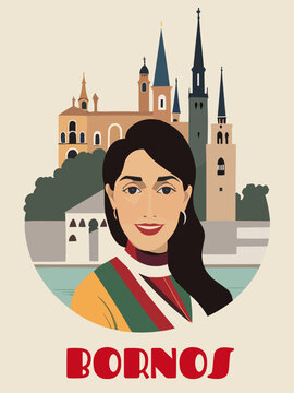 Bornos: Beautiful vintage-styled poster with a woman and the name Bornos in Andalusia