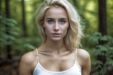 Naklejka premium Enchanting Forest Escapade: A Captivating Young Woman Embracing the Wilderness
