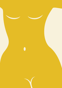 Ink aesthetic hand drawn naked woman body. Minimal drawing in yellow color.