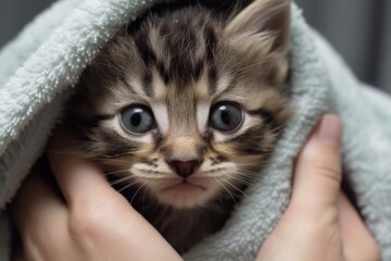 The kitten is dried after washing in the bath, a clean pet. Wipe with a towel. Hygiene and grooming for pets, Cute, wet disgruntled cat. Animal care.  Ai Generative