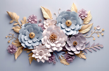 Beautiful floral design with cut 3d paper flowers in gentle pastel colours with shadow. Generative ai art.