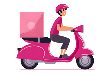 Side view of a delivery man on a pink scooter, transportation mode. Isolated on white background created with Generative AI technology.