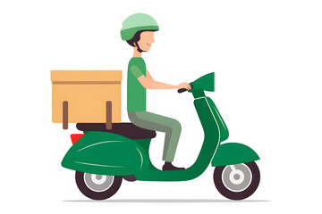 Art illustration of a delivery man in green rides a scooter on a white background created with Generative AI technology.
