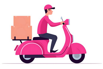 Side view of a delivery man on a pink scooter, transportation mode. Isolated on white background created with Generative AI technology.