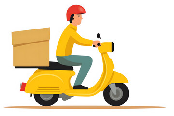 Side view of a delivery man on a yellow scooter, transportation mode. Isolated on white background created with Generative AI technology.