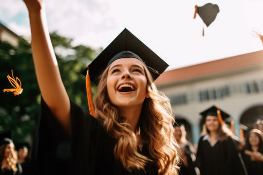 Graduation Caps Thrown in the Air, Graduates celebrating, AI Generative