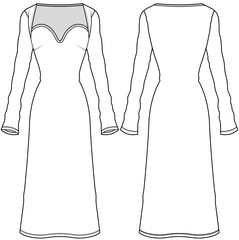 womens long sleeve sweetheart neck midi dress flat sketch vector illustration technical cad drawing template