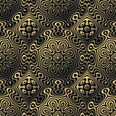 Luxurious gold embossed pattern on a black background, creating an optical illusion of depth. Ideal for ornamental tile designs.