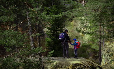 Two brothers are walking in the mountains. Active lifestyle.