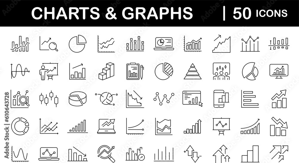 Leinwandbilder Graphs and Graphs set of web icons in line style. Charts and diagram icons for web and mobile app. Business infographic, charts, statistics, growth, growing bar graph and more. Vector illustration