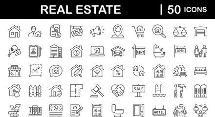 Fototapeta na wymiar Real Estate set of web icons in line style. Realty icons for web and mobile app. Purchase and sale of housing, property, rental premises, insurance, realty, home loan, mortgage and more