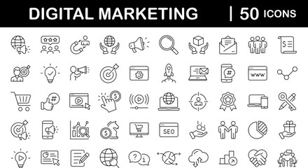 Digital marketing set of web icons in line style. Marketing icons for web and mobile app. Communication, advertising, ecommerce, seo, content, product, target audience, website, social media and more - obrazy, fototapety, plakaty