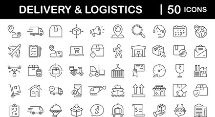 Delivery and Logistic set of web icons in line style. Shipping service icons for web and mobile app. Shipping, logistics, delivery, courier, tracking, refunds and more. Vector illustration - obrazy, fototapety, plakaty